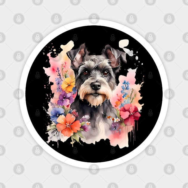 A schnauzer dog decorated with beautiful watercolor flowers Magnet by CreativeSparkzz